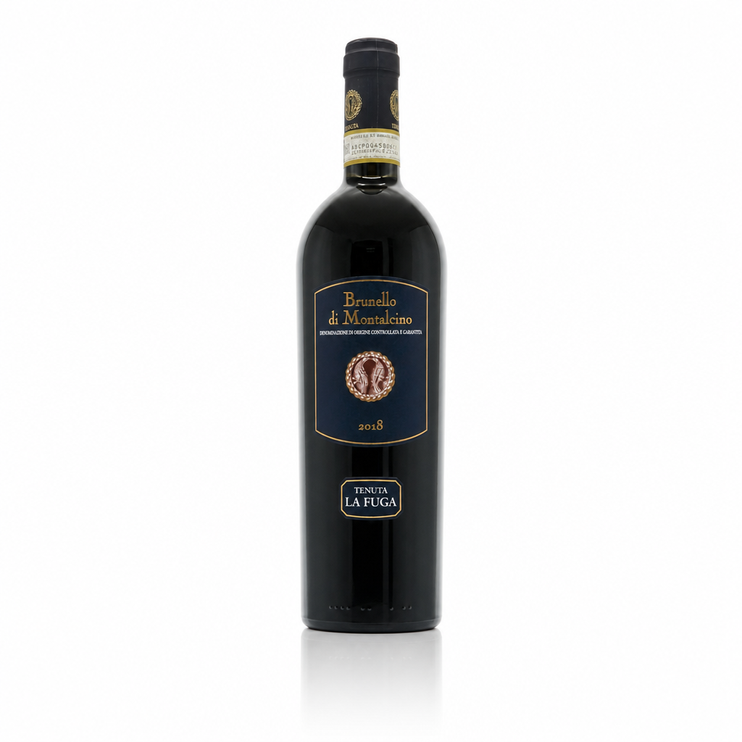 Brunello di Montalcino 2018, Tenuta La Fuga, dunkle Flasche mit goldenem Siegel.