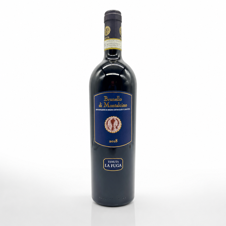 Brunello di Montalcino 2018, Tenuta La Fuga, dunkle Flasche mit goldenem Siegel.